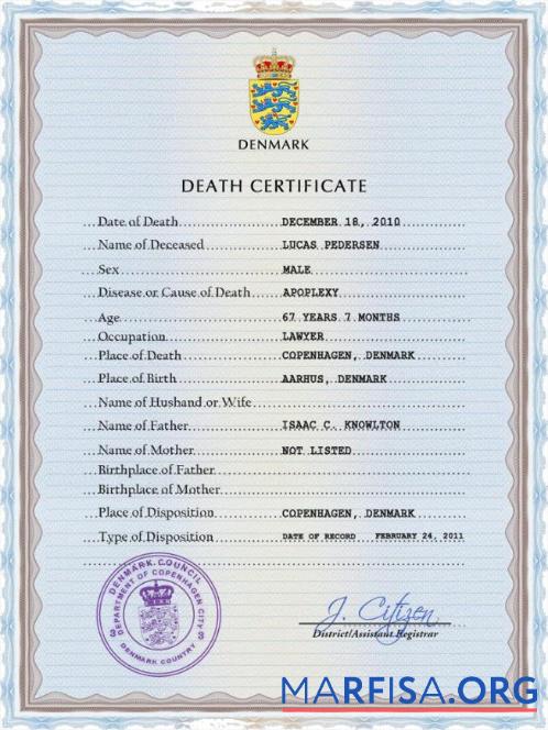 Printable Denmark vital record death certificate PSD template